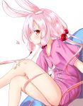  1girl animal_ear_fluff animal_ears baram bean_bag_chair bunny_ears clothes_writing crossed_legs from_side hair_bobbles hair_ornament hand_on_own_leg legs long_hair low_twintails no_panties no_pants outstretched_arm pink_hair pink_shirt red_eyes shirt short_sleeves simple_background sitting smile solo t-shirt tomari_mari tomari_mari_channel twintails white_background 