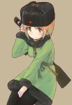  1girl alternate_costume bangs black_headwear black_legwear brown_background brown_eyes brown_hair carrying closed_mouth coat commentary fur-trimmed_coat fur_hat fur_trim girls_und_panzer green_coat gun hand_in_hair hand_on_lap hat insignia light_blush long_sleeves looking_at_viewer nishizumi_miho pantyhose rifle short_hair simple_background sitting smile solo ushanka weapon yurikuta_tsukumi 