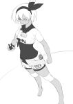  1girl abs barefoot breasts clenched_hand dark_skin greyscale hair_between_eyes hairband highres knee_pads monochrome niwatazumi poke_ball pokemon pokemon_(game) pokemon_swsh saitou_(pokemon) shirt short_hair short_sleeves shorts small_breasts solo tight tight_shirt tight_top 