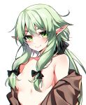  1girl bare_shoulders bechu bow breasts elf goblin_slayer! green_eyes green_hair hair_bow hair_over_breasts half-closed_eyes high_elf_archer_(goblin_slayer!) looking_at_viewer off_shoulder pointy_ears sidelocks simple_background small_breasts smile solo undressing upper_body white_background 