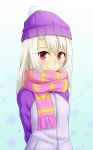  1girl alternate_costume arms_behind_back blue_background blush cardigan closed_mouth eyebrows_visible_through_hair fate/stay_night fate_(series) gradient gradient_background gyatto624 hair_between_eyes hat illyasviel_von_einzbern long_hair long_sleeves looking_at_viewer pink_sweater purple_headwear purple_sleeves red_eyes scarf silver_hair smile solo standing striped striped_scarf sweater upper_body white_background white_cardigan 