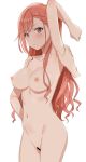  1girl absurdres arisugawa_natsuha arm_up armpits aumann black_eyes blush breasts censored collarbone cowboy_shot disembodied_limb eyebrows_visible_through_hair highres idolmaster idolmaster_shiny_colors long_hair looking_at_viewer navel nipples nude red_hair simple_background white_background 