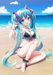  1girl ahoge ankle_scrunchie aqua_eyes aqua_hair beach bikini black_bikini cloud feet front-tie_top full_body hatsune_miku highres long_hair mk82_(hoonsyh) nail_polish open_mouth outdoors scrunchie side-tie_bikini sitting sky solo swimsuit toenail_polish twintails very_long_hair vocaloid water 