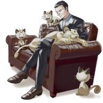  1boy animal animal_on_lap black_hair black_legwear black_pants brown_eyes brown_footwear cat couch formal gen_1_pokemon highres male_focus meowth pants persian pokemon pokemon_(anime) sakaki_(pokemon) simple_background sitting smile socks solo suit yu_(mekeneko1998) 