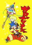  2boys baggy_pants black_gloves blonde_hair blue_hair carrying chest chibi galo_thymos gloves highres lio_fotia male_focus matoi multiple_boys niwa open_mouth pants piggyback polearm promare purple_eyes shirtless signature smile spear spiked_hair weapon 