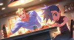  amputee blonde_hair blue_eyes blue_hair carton child cup dining_room drinking_glass food galo_thymos highres indoors kray_foresight looking_at_another male_focus meipu_hm omurice open_mouth orange_juice promare red_eyes shirt short_hair spiked_hair spoon sweatdrop window younger 