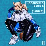  1:1 2018 anthro black_nose blue_eyes bottomwear breasts canid canine clothed clothing digital_media_(artwork) female footwear fox fully_clothed headphones hi_res janice_brooks jooshy kneeling looking_at_viewer mammal pants shoes solo sweater topwear 