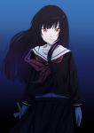  1girl absurdres black_hair enma_ai expressionless highres jigoku_shoujo long_hair midriff_peek navel oze_(xyz_go_go11) red_eyes sailor_collar school_uniform serafuku 