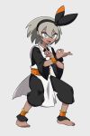  1girl avatar:_the_last_airbender avatar_(series) barefoot bow cosplay dark_skin eyelashes fighting_stance full_body grey_eyes grey_hair hair_bow highres looking_at_viewer open_mouth pokemon pokemon_(game) pokemon_swsh runningpigeon73 saitou_(pokemon) smile standing toph_bei_fong toph_bei_fong_(cosplay) 