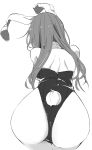  1girl alternate_costume animal_ears ass bare_shoulders bunny_ears bunny_tail bunnysuit commentary_request cowboy_shot from_behind greyscale kamukamu_(ars) long_hair monochrome reisen_udongein_inaba simple_background solo tail touhou white_background 