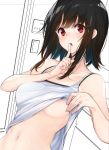  1girl amami_amayu areola_slip areolae background_base black_hair blush breasts collarbone door dutch_angle eyebrows_visible_through_hair finger_to_mouth kantai_collection large_breasts looking_at_viewer navel nipples parted_lips red_eyes self_exposure shirt_pull short_hair_with_long_locks shushing solo takao_(kantai_collection) tank_top upper_body work_in_progress 