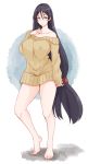  1girl bangs blush breasts fate/grand_order fate_(series) highres large_breasts long_hair long_sleeves looking_at_viewer low-tied_long_hair minamoto_no_raikou_(fate/grand_order) mm_(mm_chair) naked_sweater off_shoulder parted_bangs purple_eyes purple_hair smile solo sweater very_long_hair 