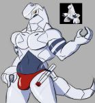  2019 4_fingers anthro anthrofied arm_markings belly_markings biceps biped bottomwear bulge clothed clothing collarbone colored_sketch daikuhiroshiama digital_media_(artwork) duraludon fingers front_view frown glistening glistening_body grey_background grey_body grey_eyes grey_markings grey_stripes grey_theme guide_lines gun half-length_portrait hi_res holster light lighting long_tail looking_aside looking_away machine male markings metallic_body muscular muscular_male navel neck_muscles nintendo official_art open_frown open_mouth pecs pok&eacute;mon pok&eacute;mon_(species) pok&eacute;morph portrait ranged_weapon red_bottomwear red_clothing red_underwear robot scalie shadow sheathed_weapon simple_background solo standing striped_body stripes thong topless two_tone_body underwear unknown_artist video_games weapon white_body white_tail yellow_sclera 