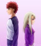  1boy 1girl back-to-back black_sleeves blue_pants brown_eyes closed_mouth emiya_shirou fate/stay_night fate_(series) frown gradient gradient_background gyatto624 highres illyasviel_von_einzbern long_sleeves pants pink_background pink_neckwear pleated_skirt profile purple_shirt red_hair shirt skirt spiked_hair white_shirt white_skirt 