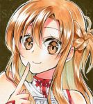  1girl alto2019 asuna_(sao) braid brown_background brown_eyes closed_mouth eyebrows_visible_through_hair hair_between_eyes index_finger_raised light_brown_hair long_hair looking_at_viewer lowres marker_(medium) portrait sample shiny shiny_hair smile solo sword_art_online traditional_media 