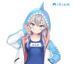  1girl :d bare_shoulders blue_eyes blue_swimsuit blush breasts collarbone copyright_name covered_navel drawstring fukanomi_kafka grin hair_ornament hand_in_pocket hand_up highres hood hooded_jacket iriam jacket long_hair long_sleeves looking_at_viewer name_tag one-piece_swimsuit open_clothes open_jacket open_mouth school_swimsuit sharp_teeth shimashima08123 sidelocks silver_hair simple_background slit_pupils small_breasts smile solo swimsuit teeth upper_body virtual_youtuber white_background 