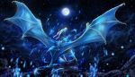  2019 blue_scales blue_skin digital_media_(artwork) dragon feral hi_res horn isvoc membrane_(anatomy) membranous_wings moon night outside scales scalie sitting sky solo spines spread_wings star starry_sky western_dragon wings 