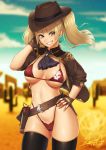  1girl ascot belt bikini black_legwear black_neckwear blonde_hair blue_sky blurry brown_gloves brown_jacket cloud commentary_request cowboy_hat cowboy_shot dated day depth_of_field desert fingerless_gloves gloves grin gun hand_on_hip handgun hat highleg highleg_bikini highleg_swimsuit highres holster jacket long_hair looking_at_viewer open_clothes open_jacket original outdoors pistol red_bikini sawasa signature skull_print sky smile solo swimsuit tumbleweed twintails weapon 
