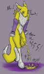  bodily_fluids clenched_teeth desperation digimon digimon_(species) english_text eyes_closed female genital_fluids jacquesrabbit mammal navel nude omorashi peeing pussy renamon solo teeth text urine watersports 