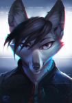  2019 alectorfencer anthro black_hair black_nose canid canine clothed clothing digital_media_(artwork) fox hair headshot_portrait hi_res looking_at_viewer mammal portrait purple_eyes smile solo 