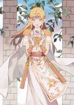  1girl bead_necklace beads blonde_hair blue_eyes blue_sky bracelet braid cloud commission dress gold_trim jewelry jiayue_wu long_hair looking_at_viewer necklace open_mouth plant pointy_ears princess_zelda sky smile solo standing the_legend_of_zelda tiara vines white_dress 