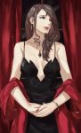  1girl absurdres bare_shoulders blazpu breasts dress earrings formal grey_hair highres jewelry large_breasts long_hair looking_at_viewer nail_polish niijima_sae persona persona_5 red_eyes simple_background solo 