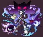  1boy absurdres ahoge black_hair bright_pupils gastly gen_1_pokemon gen_8_pokemon gengar gym_leader hair_over_one_eye haunter highres honyaru_(nanairo39) looking_at_viewer male_focus mask mimikyu onion_(pokemon) outstretched_arm poke_ball poke_ball_(generic) pokemon pokemon_(game) pokemon_swsh purple_eyes ringed_eyes shorts suspender_shorts suspenders uniform wide_sleeves 