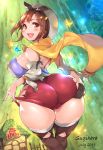  1girl artist_name ass ass_grab atelier_(series) atelier_ryza back bare_shoulders black_panties blush boots breasts brown_eyes brown_hair cameltoe detached_sleeves eyebrows_visible_through_hair from_behind gloves hair_ornament hairband hairclip hat highres large_breasts looking_at_viewer looking_back multi-strapped_panties nail_polish open_mouth panties red_shorts reisalin_stout short_hair short_shorts shorts single_glove skindentation smile solo sugihara_(sugihara2000) thick_thighs thigh_boots thighhighs thighs underwear white_legwear 