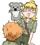  2girls aozora_pou bangs blonde_hair blunt_bangs girls_und_panzer hair_ribbon hand_puppet kamonohashi_(girls_und_panzer) koala koala_forest_military_uniform long_hair lowres messy_hair multiple_girls orange_hair ponytail puppet ribbon shaded_face short_hair short_sleeves simple_background wallaby_(girls_und_panzer) white_background 