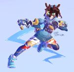  2019 ambiguous_gender anthro antlers biped blizzard_entertainment blue_background bottomwear brown_fur brown_hair cervid clothed clothing digital_media_(artwork) fingers footwear fur green_eyes gun hair handgun hi_res holding_object holding_weapon hoodie horn leggings legwear lyra_somnium lyra_somnium_(character) mammal overwatch ranged_weapon running shoes simple_background smile smirk solo standing topwear tracer_(overwatch) video_games weapon white_fur 