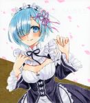  1girl alto2019 apron black_bow black_hairband black_ribbon black_skirt black_sleeves blue_eyes blue_hair blush bow breasts brown_background cleavage closed_mouth detached_collar detached_sleeves eyebrows_visible_through_hair eyes_visible_through_hair flower frilled_apron frills hair_flower hair_ornament hair_over_one_eye hair_ribbon hairband head_wreath long_sleeves looking_at_viewer maid marker_(medium) medium_breasts neck_ribbon pink_ribbon re:zero_kara_hajimeru_isekai_seikatsu rem_(re:zero) ribbon ribbon-trimmed_sleeves ribbon_trim sample shiny shiny_hair short_hair skirt smile solo traditional_media two-tone_background waist_apron white_apron white_background white_bow white_flower 