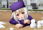  1girl blurry blurry_background blush day eyebrows_visible_through_hair fate/stay_night fate_(series) gyatto624 hair_between_eyes hat head_tilt highres illyasviel_von_einzbern long_hair long_sleeves looking_at_viewer open_mouth outdoors portrait purple_coat purple_headwear red_eyes silver_hair snow snowman solo twitter_username 