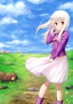  1girl ascot blue_sky boots closed_mouth cloud eyebrows_visible_through_hair fate/stay_night fate_(series) floating_hair flower frilled_skirt frills gyatto624 hair_between_eyes hand_in_hair highres illyasviel_von_einzbern long_hair long_sleeves looking_at_viewer medium_skirt outdoors pink_neckwear pink_skirt pleated_skirt purple_footwear purple_shirt red_eyes shirt silver_hair skirt sky smile solo standing wing_collar yellow_flower 