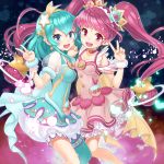  2girls :d aqua_hair aqua_legwear aqua_skirt bangs blue_choker blue_eyes blunt_bangs bubble_skirt buntan choker collarbone commentary_request cure_milky cure_star eyebrows_visible_through_hair frilled_skirt frills hagoromo_lala hair_ornament highres holding_hands hoshina_hikaru long_hair looking_at_viewer magical_girl multiple_girls open_mouth pink_choker pink_eyes pink_hair pointy_ears precure red_skirt short_hair single_thighhigh skirt smile star star_hair_ornament star_twinkle_precure teeth thighhighs twintails upper_teeth v 