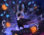  ambient_butterfly ambient_insect anthro arthropod bioluminescence black_body butterfly caio_santos cloak clothing detailed_background glowing hi_res hollow_knight horn insect lepidopteran melee_weapon outside protagonist_(hollow_knight) signpost solo_focus vessel_(species) weapon 