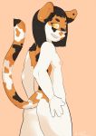  2015 absurd_res anthro areola black_hair breasts calico_cat cub digital_media_(artwork) domestic_cat ear_piercing felid feline felis female hair hands_on_hips hi_res looking_at_viewer looking_back mammal nipples nude open_mouth piebald piercing pink_nose puffy_nipples raised_tail shaded smile snofu solo sophie_calliwell standing yellow_eyes young 