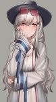  1girl absurdres aogi_(pixiv9459043) azur_lane bangs blush breasts cleavage commentary_request dunkerque_(azur_lane) eyebrows_visible_through_hair glasses grey_background grey_hair hair_between_eyes hair_ornament hat highres large_breasts long_hair long_sleeves looking_at_viewer ponytail sidelocks sleeves_past_wrists solo 