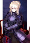  1girl armor armored_dress artoria_pendragon_(all) black_dress blonde_hair braid dark_excalibur dress eyebrows_visible_through_hair fate/grand_order fate/stay_night fate_(series) french_braid gauntlets hair_between_eyes highres looking_at_viewer ninoude_(ninoude44) saber_alter sidelocks solo sword weapon yellow_eyes 