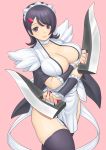  1girl bangs black_eyes black_hair blade breast_hold breasts choker cleavage flipped_hair hair_ornament hairclip highres holding holding_weapon iroha_(samurai_spirits) japanese_clothes large_breasts maid maid_headdress pink_background samurai_spirits shigenobu short_hair simple_background smile solo thighhighs weapon 