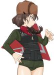  1girl :o adapted_costume alternate_color_school_swimsuit alternate_costume black_vest braid brown_eyes brown_hair brown_headwear cowboy_shot emblem fur_hat girls_und_panzer green_swimsuit hair_over_shoulder hat insignia long_hair long_sleeves looking_to_the_side parted_lips pravda_(emblem) pravda_military_uniform rukuriri rukuriritea school_swimsuit single_braid solo swimsuit thigh_gap turtleneck ushanka vest white_background zipper 