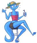  2019 3_toes 4_fingers aimbot-jones ambiguous_gender anthro beverage blue_skin bodily_fluids bottomwear bow clothed clothing cup eyelashes fingers flying_sweatdrops gesture hat headgear headwear hi_res holding_beverage holding_object lizard looking_at_viewer midriff navel no_irises reptile scalie shirt shorts sitting solo stool straw sweat sweatdrop toes topwear waving zephix_(aimbot-jones) 