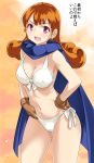  1girl alena_(dq4) bikini blush breasts cape cleavage commentary_request curly_hair dragon_quest dragon_quest_iv earrings gloves imaichi jewelry long_hair looking_at_viewer open_mouth orange_hair red_eyes smile solo swimsuit white_bikini 