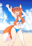  2019 5_fingers animal_humanoid beach bikini bow_tie breasts canid canid_humanoid canine canine_humanoid clothing cloud day eyewear female fingers fox_humanoid fur glasses hair hat headgear headwear humanoid looking_at_viewer mammal mammal_humanoid navel open_mouth orange_fur orange_hair outside portrait pose sagestrike2_(artist) seaside small_breasts solo standing swimwear three-quarter_portrait water white_fur 