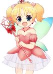  1girl :d absurdres bangs bare_shoulders blonde_hair blue_eyes blush bow cat_hair_ornament collarbone detached_sleeves dress earrings eyebrows_visible_through_hair fairy_wings fingernails green_wings hair_ornament highres holding holding_wand jewelpet_(series) jewelpet_twinkle jewelry looking_at_viewer miria_marigold_mackenzie necklace nyama open_mouth panties pink_dress pink_panties pink_sleeves puffy_short_sleeves puffy_sleeves red_bow see-through short_sleeves short_twintails simple_background smile solo strapless strapless_dress tiara twintails underwear wand white_background wings 