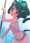  1girl :o absurdres animal_ear_fluff animal_ears bare_arms bare_shoulders bikini bikini_under_clothes blue_bikini blue_bow blue_hair blush bow breasts cat_ears cat_girl cat_tail cyan_(show_by_rock!!) drill_hair fingernails green_eyes groin hair_bow hand_up high_ponytail highres holding leaning_forward looking_at_viewer navel nyama parted_lips ponytail shirt show_by_rock!! small_breasts solo swimsuit tail tail_raised tied_shirt white_shirt 