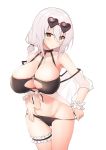 1girl alternate_costume armpits azur_lane bangs bare_shoulders bikini black_bikini black_choker black_legwear blush breasts choker closed_mouth collarbone commentary_request eyebrows_visible_through_hair eyewear_on_head front-tie_top frown groin hair_between_eyes head_tilt huge_breasts legs_together looking_at_viewer macchiato_(jae-min_cho) navel o-ring o-ring_bikini o-ring_top off_shoulder pulled_by_self red-framed_eyewear red_eyes scrunchie see-through sheer_clothes short_hair simple_background sirius_(azur_lane) sirius_(midsummer_seirios)_(azur_lane) skindentation solo standing sunglasses swimsuit swimsuit_pull thigh_gap thigh_strap thighs v-shaped_eyebrows white_background white_frills white_hair white_scrunchie wide_hips wrist_scrunchie 