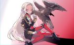  1girl animal bird blonde_hair blue_eyes cape cravat eagle edelgard_von_hresvelgr_(fire_emblem) fire_emblem fire_emblem:_three_houses friedbirdchips gloves hair_ornament hair_ribbon long_hair looking_at_viewer pantyhose red_cape ribbon simple_background solo uniform 