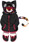  2018 absurd_res ambiguous_gender anthro bangs black_clothing black_hair calico_cat clothing cub digital_media_(artwork) domestic_cat felid feline felis hair hi_res hood mammal pink_nose pinklady raincoat snaggletooth solo sophie_calliwell standing tongue tongue_out yellow_eyes young 
