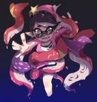  1girl aori_(splatoon) beanie black_hair black_shorts chinese_commentary commentary_request constricted_pupils domino_mask eyebrows_visible_through_hair fangs frown hat long_hair long_sleeves looking_at_viewer looking_over_eyewear madaga_(animaofmoon) mask mole mole_under_eye open_clothes open_mouth open_shirt pink_headwear pink_shirt pointy_ears reaching_out restrained scared shirt shorts solo splatoon_(series) splatoon_2 star_hat_ornament tearing_up tentacle_hair tentacles white_shirt 