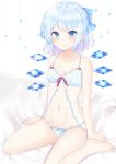  1girl :o babydoll bangs blue_babydoll blue_eyes blue_hair blue_panties blush bow breasts cirno collarbone commentary_request detached_wings eyebrows_visible_through_hair frilled_panties frills groin hair_bow light_blue_hair lingerie looking_at_viewer navel nibosisuzu on_bed panties short_hair simple_background sitting small_breasts solo tareme touhou underwear underwear_only wariza white_background wings 